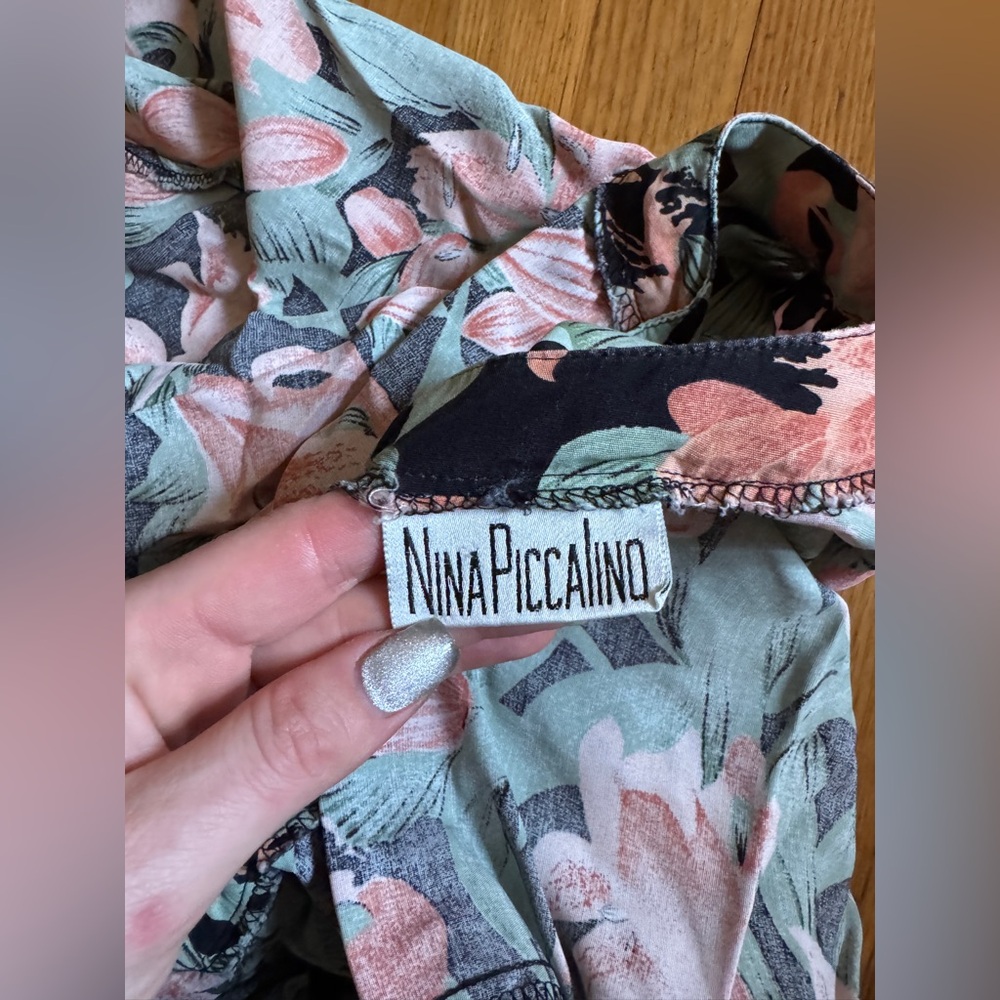 80s Vintage Green Black and Pink Floral Shirt Dress - Picture 4 of 9